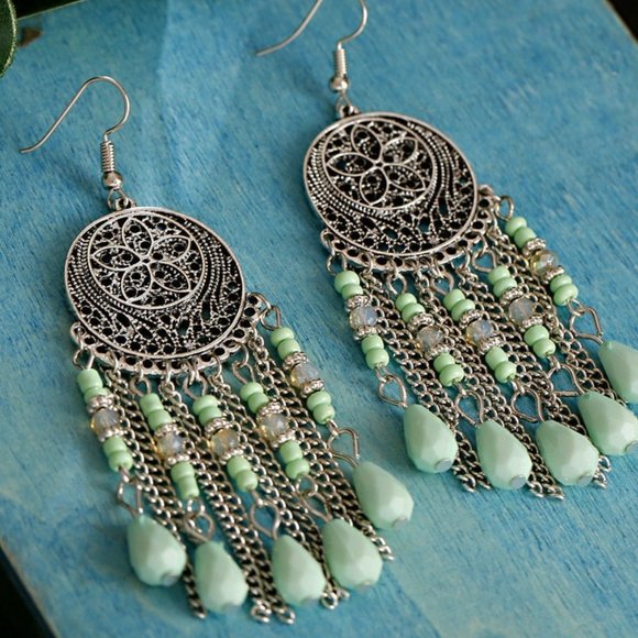 Aqua Light Green w/ Silver Filigree Drop Earrings 3 5/8" Boho/Gypsy NWT Perfect - Picture 2 of 3